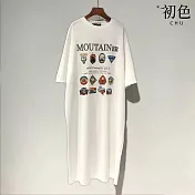 【初色】韓系中大碼印花圖案圓領短袖T恤洋裝 -6款任選-33861(M-2XL可選) L B.白色