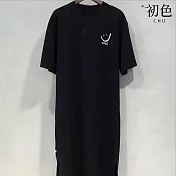 【初色】韓系中大碼印花圖案圓領短袖T恤洋裝 -6款任選-33861(M-2XL可選) 2XL D.黑色