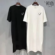 【初色】韓系中大碼印花圖案圓領短袖T恤洋裝 -6款任選-33861(M-2XL可選) L D.白色