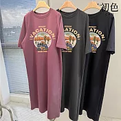 【初色】韓系中大碼印花圖案圓領短袖T恤洋裝 -6款任選-33861(M-2XL可選) 2XL E.紫紅色