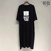 【初色】韓系中大碼印花圖案圓領短袖T恤洋裝 -6款任選-33861(M-2XL可選) L F.黑色