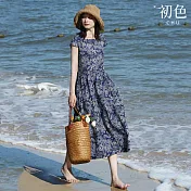 【初色】日系棉麻風涼爽透氣中大碼短袖洋裝連身裙-共12款任選-67993(M-2XL可選) XL C.花色