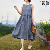 【初色】日系棉麻風涼爽透氣中大碼短袖洋裝連身裙-共12款任選-67993(M-2XL可選) M E.藍色