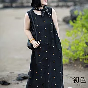 【初色】日系棉麻風涼爽透氣中大碼短袖洋裝連身裙-共12款任選-67993(M-2XL可選) M F.黑色
