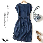 【初色】日系棉麻風涼爽透氣中大碼短袖洋裝連身裙-共12款任選-67993(M-2XL可選) XL I.深藍色
