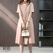 【初色】日系棉麻風涼爽透氣中大碼短袖洋裝連身裙-共12款任選-67993(M-2XL可選) M L.粉紅色