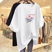 【初色】火焰鳥印花中長款短袖T恤上衣-共4色-33579(M-2XL可選) M 白色