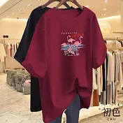 【初色】火焰鳥印花中長款短袖T恤上衣-共4色-33579(M-2XL可選) M 酒紅色