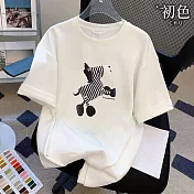 【初色】休閒素色寬鬆斑馬動物圖案拼接印花圓領短袖T恤上衣-白色-69246(M-2XL可選) M 白色