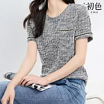【初色】小香風短袖格紋拼接線條圓領T恤上衣女上衣-灰色-33507(M-2XL可選) XL 灰色