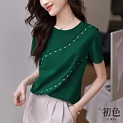 【初色】休閒純色刺繡簡約百搭圓領短袖T恤上衣-綠色-68957(M-2XL可選) XL 綠色