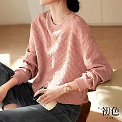 【初色】肌理感純色百搭休閒舒適百搭圓領長袖T恤女上衣-粉色-33504(M-2XL可選) XL 粉色