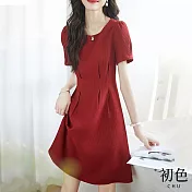 【初色】圓領褶皺收腰顯瘦短袖膝上短裙連身裙洋裝-共2色-33496(M-2XL可選) XL 紅色