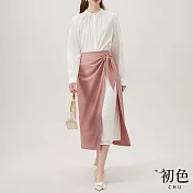 【初色】純色娃娃領長袖襯衫女上衣/高腰直筒開叉風琴拼接半身裙-共2款2色-33495(M-2XL可選) XL 粉色裙子