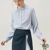【初色】純色娃娃領長袖襯衫女上衣/高腰直筒開叉風琴拼接半身裙-共2款2色-33495(M-2XL可選) XL 藍色襯衫