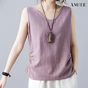 【AMIEE】純色棉麻圓領無袖背心(KDTY-6010) M 紫色