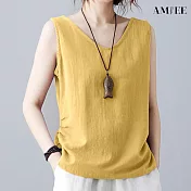 【AMIEE】純色棉麻圓領無袖背心(KDTY-6010) M 黃色