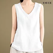 【AMIEE】文藝棉麻V領內搭無袖上衣(KDTY-8007) M 白色