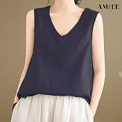 【AMIEE】文藝棉麻V領內搭無袖上衣(KDTY-8007) 2XL 藏藍