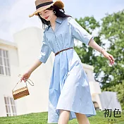 【初色】簡約翻領半排扣收腰顯瘦襯衫型連衣裙連身洋裝長洋裝-藍色-33420(M-XL可選) XL 藍色