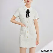 【MsMore】 名媛小香風連身裙甜美米白色短袖氣質顯瘦中長版洋裝# 121213 FREE 白色