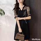 【MsMore】 時尚燙鑽V領短袖黑色連身裙中長版洋裝# 121619 M 黑色