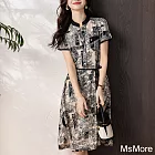 【MsMore】 小立領印花短袖連身裙氣質短袖襯衫式中長版洋裝# 121621 M 花紋色
