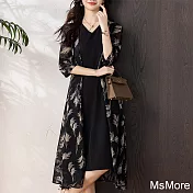 【MsMore】 連身裙假兩件時尚印花七分中袖外罩V領黑色長版洋裝# 121625 M 黑色