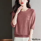 【MsMore】 菱形格圓領針織短袖寬鬆短版百搭短版上衣# 121514 FREE 粉紅色