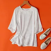 【MsMore】 奢感新中式白色盤扣絲質圓領五分袖圓領短版上衣# 121530 M 白色
