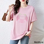 【MsMore】 卡通亮片粉色兔子刺繡圓領純棉大碼短袖t恤中長上衣# 121534 M 粉紅色
