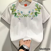 【MsMore】 國潮刺繡蝴蝶短袖T恤圓領寬鬆短版上衣# 121537 M 白色