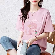 【MsMore】 新中式植絨重工刺繡T恤圓領短袖復古寬鬆大碼中長上衣# 121541 M 粉紅色