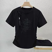 【MsMore】 鳳紋刺繡修身圓領短袖復古盤扣新中式國風短版上衣# 121544 M 黑色