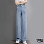 【初色】夏季高腰涼感直筒闊腿牛仔褲-共2色-69346(M-XL可選) L 淺藍單扣