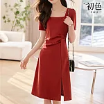 【初色】純色方領短袖褶皺收腰開衩連身裙洋裝長洋裝-紅色-33446(M-2XL可選) M 紅色