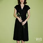 【初色】棉麻風V領單排扣收腰顯瘦短袖連身裙洋裝-共2色-33423(M-XL可選) L 黑色