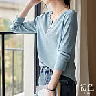 【初色】日系氣質條紋針織V領拼接顯瘦長袖上衣女上衣-灰藍色-33555(M-2XL可選) M 灰藍色