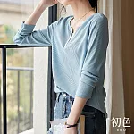 【初色】日系氣質條紋針織V領拼接顯瘦長袖上衣女上衣-灰藍色-33555(M-2XL可選) M 灰藍色
