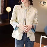 【初色】復古風植物花卉印花中國結單排釦立領長袖襯衫外套女外套-米色-33547(M-2XL可選) L 米色