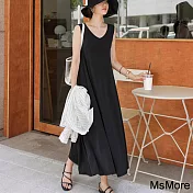【MsMore】 莫代爾無袖大擺裙寬鬆背心V領長版連身裙洋裝# 121014 3XL 黑色