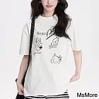 【MsMore】 可愛小狗圓領短袖T恤時尚減齡顯瘦正肩中長版上衣# 121508 M 白色