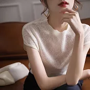 【MsMore】 短袖寬鬆洋氣小衫設計感鏤空蕾絲針織短版上衣# 121647 FREE 白色