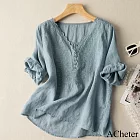 【ACheter】 短袖氣質刺繡V領棉麻感上衣寬鬆短版# 121835 M 藍色