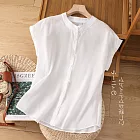 【ACheter】 日系棉麻感襯衫小立領寬鬆舒適休閒無袖背心短版上衣# 121836 M 白色
