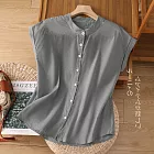 【ACheter】 日系棉麻感襯衫小立領寬鬆舒適休閒無袖背心短版上衣# 121836 M 灰色