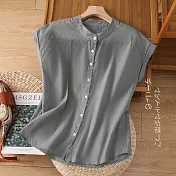 【ACheter】 日系棉麻感襯衫小立領寬鬆舒適休閒無袖背心短版上衣# 121836 M 灰色