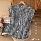 【ACheter】 日系棉麻感襯衫小立領寬鬆舒適休閒無袖背心短版上衣# 121836 M 格子色
