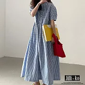 【Jilli~ko】復古風圓領排扣格子寬鬆長款連衣裙女 J11810 FREE 藍色