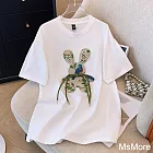 【MsMore】 新中式國風兔子刺繡純棉大碼圓領短袖T恤短版上衣# 121602 S 白色